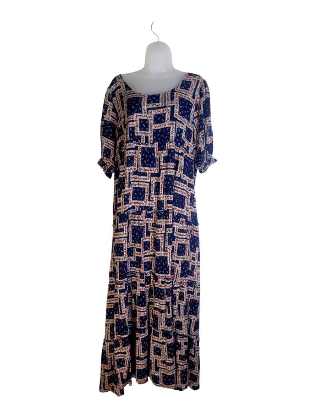 Natural Life Dress Large Patchwork Puff Sleeve Tier Navy Loose Fit Geo Boho